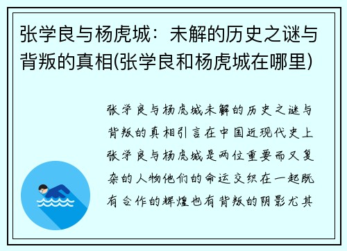 张学良与杨虎城：未解的历史之谜与背叛的真相(张学良和杨虎城在哪里)