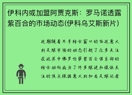 伊科内或加盟阿贾克斯：罗马诺透露紫百合的市场动态(伊科乌艾斯新片)