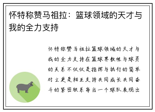 怀特称赞马祖拉：篮球领域的天才与我的全力支持